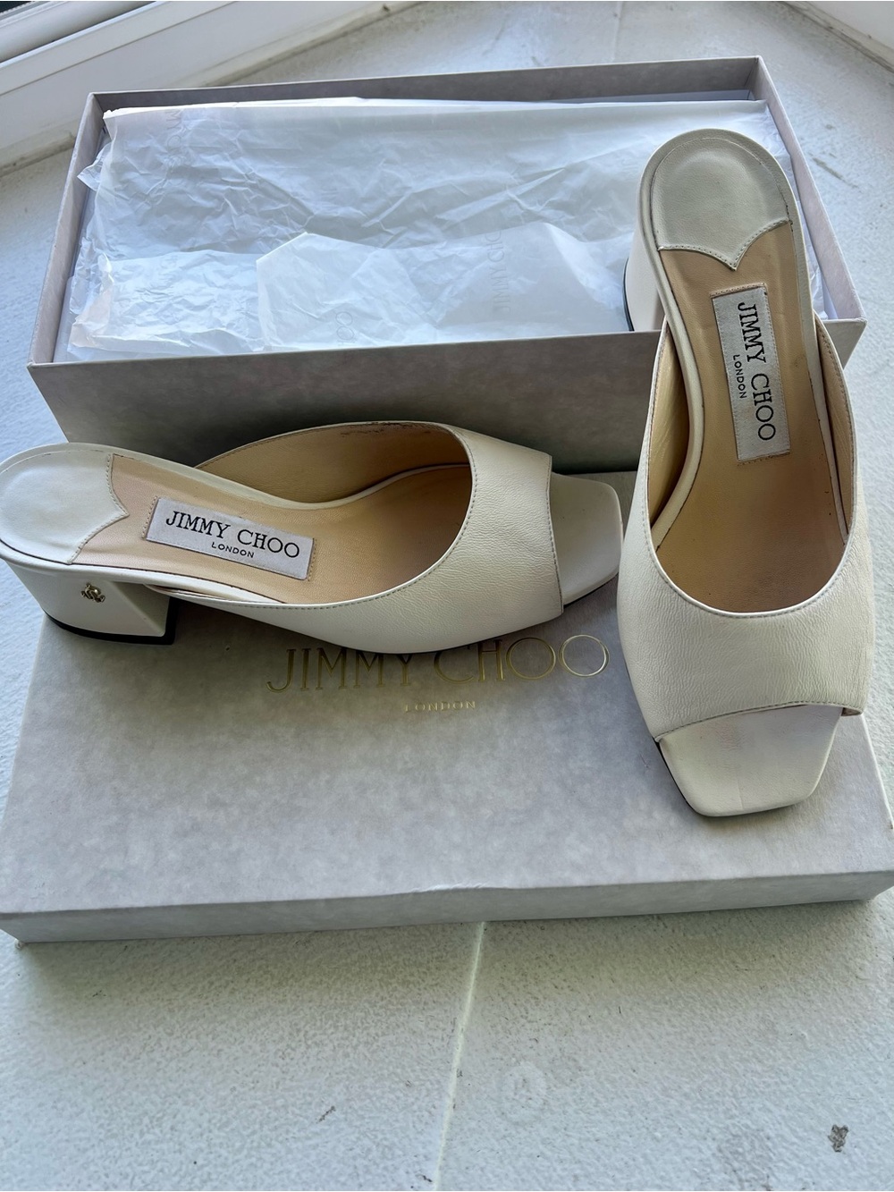 Jimmy Choo Ivory / Cream Leather Open-Toe Slide Mules